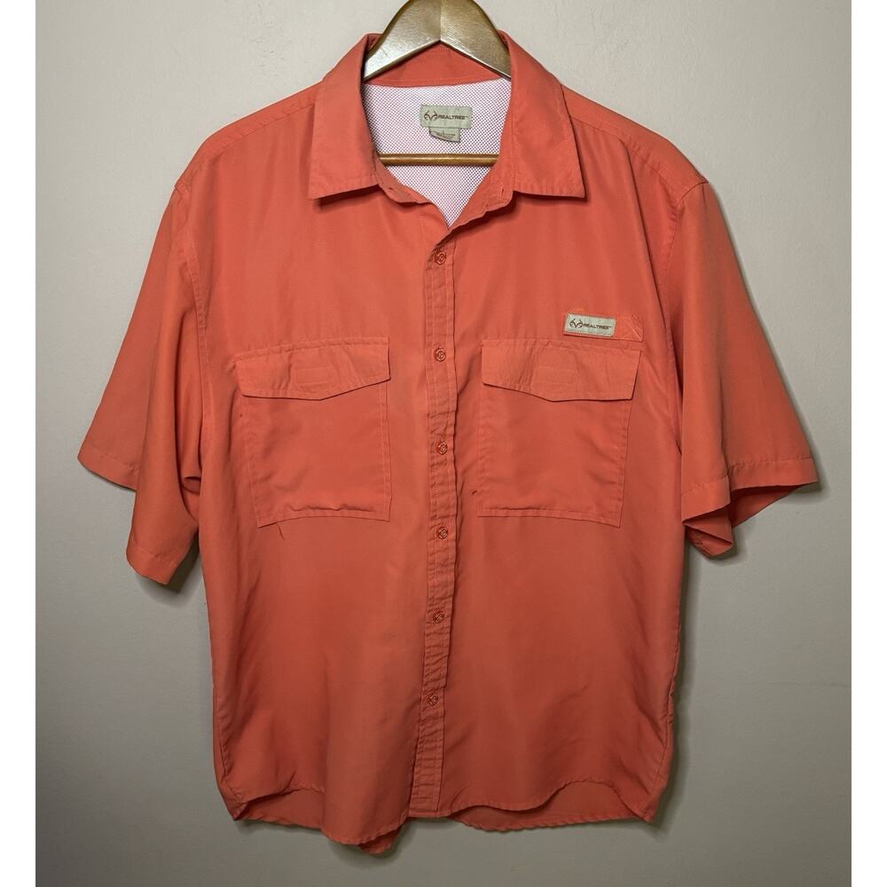 Realtree Button Up Shirt Men L Orange Short Sleeve Salmon Relaxed Breathable - Picture 2 of 4